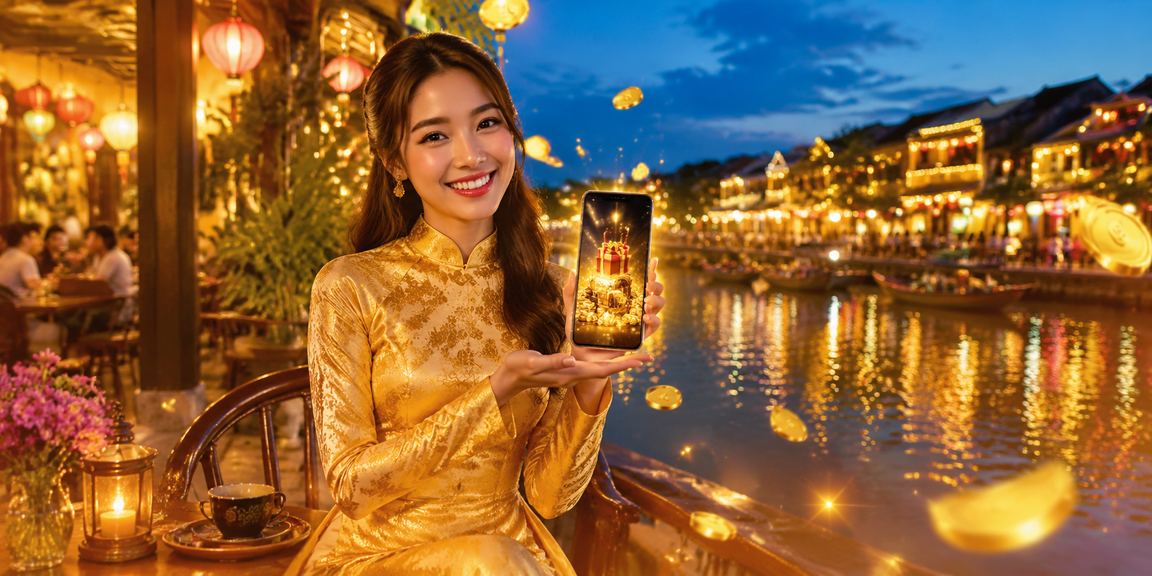 Phụ nữ mặc áo dài tại Hội An đăng ký tài khoản cá cược thể thao và nhận thưởng trên điện thoại